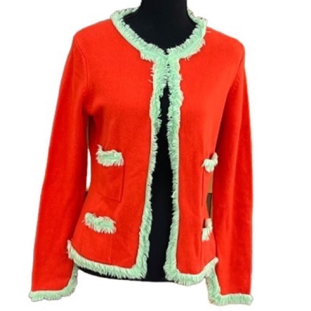 Venezia- Milano orange/ green fringe sweater/ jacket, size M